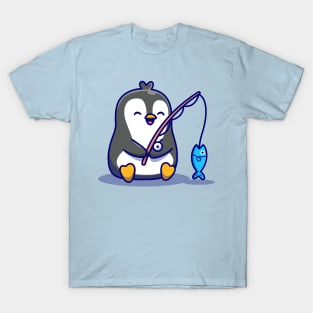 Cute Penguin Fishing Cartoon T-Shirt